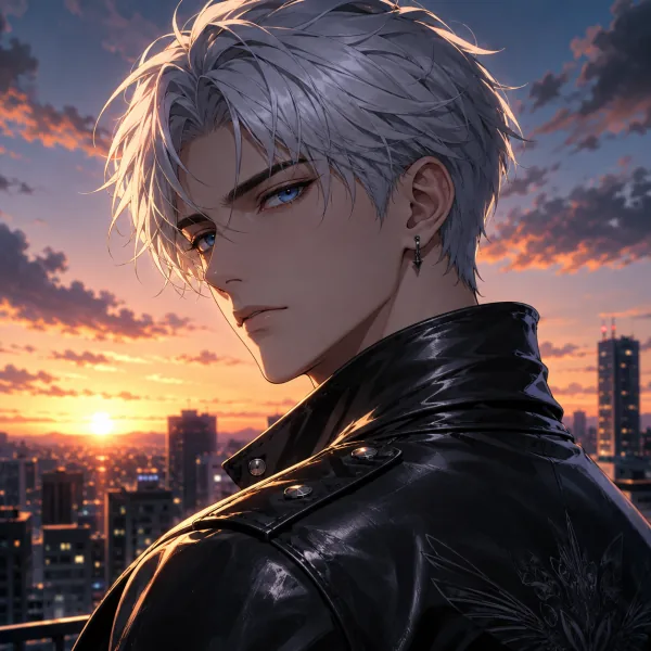 AI anime avatar male portrait with silver hair and leather jacket