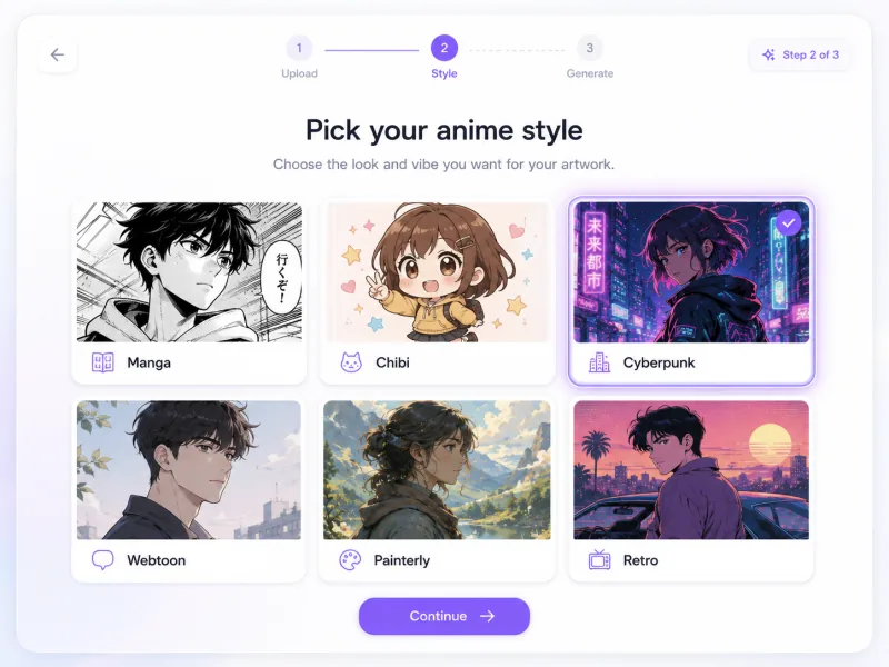 Step 2 — pick an anime avatar style from the style grid
