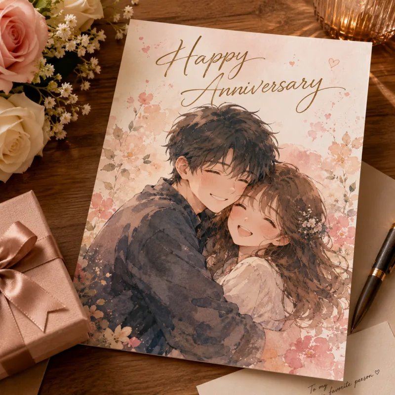 AI anime avatar couple printed as a gift card