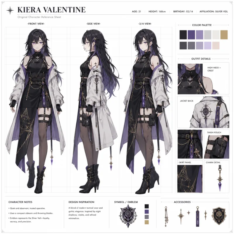 AI anime avatar used as an original character OC reference sheet