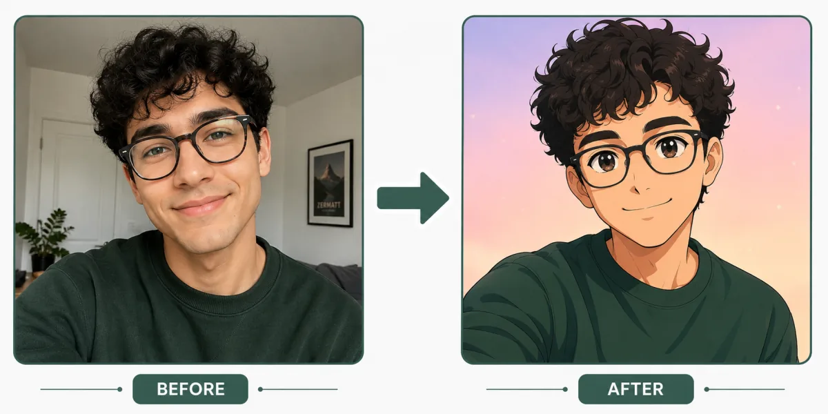 Side-by-side photo and AI anime avatar comparison showing what an AI anime avatar looks like