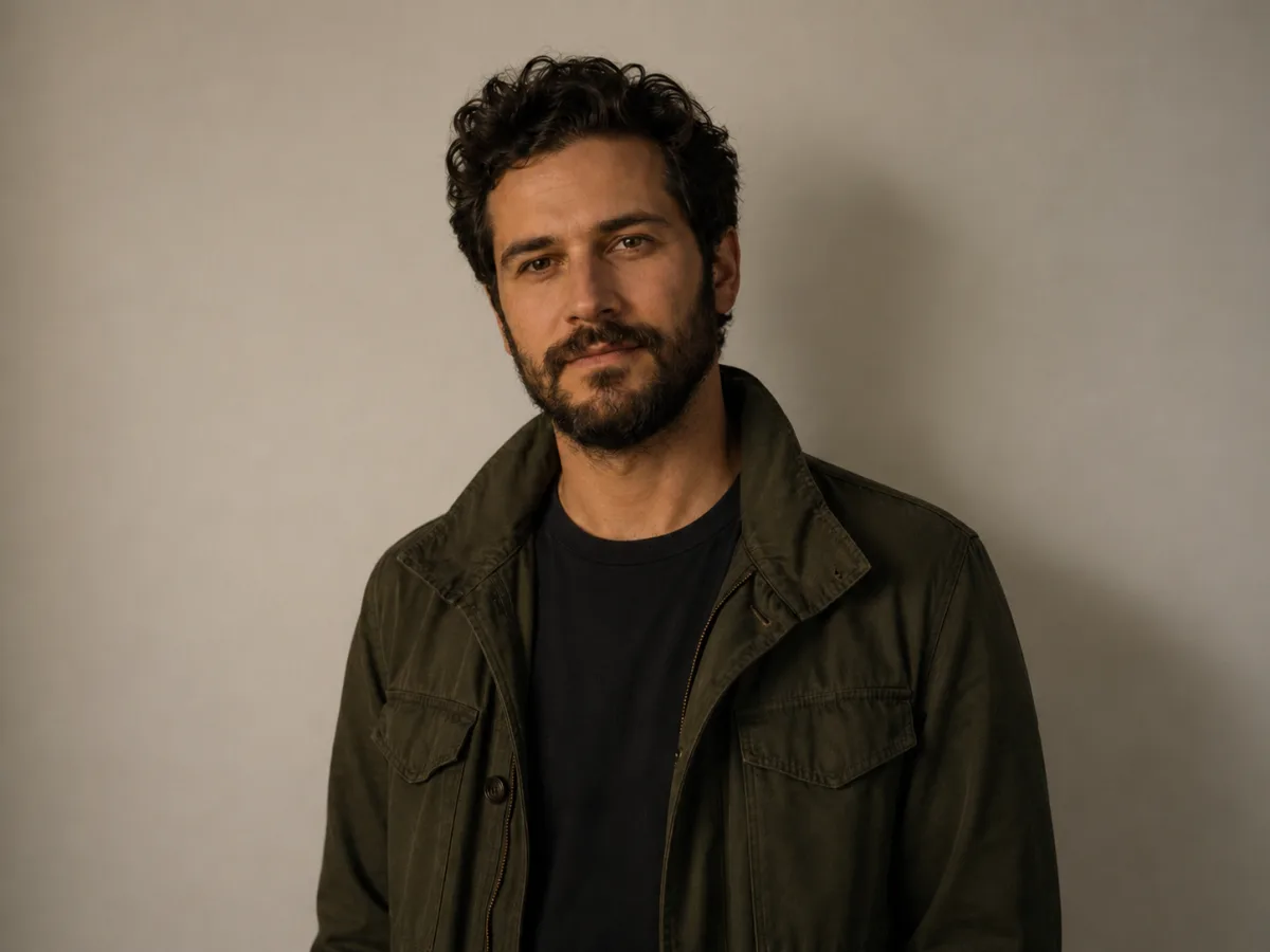 AI background changer before — bearded man in an olive jacket against a plain off-white wall