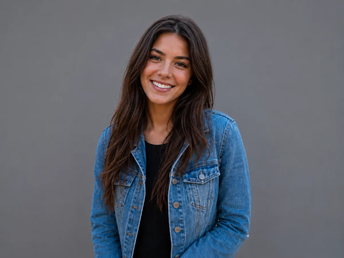 AI background changer before — woman in a denim jacket against a gray studio backdrop