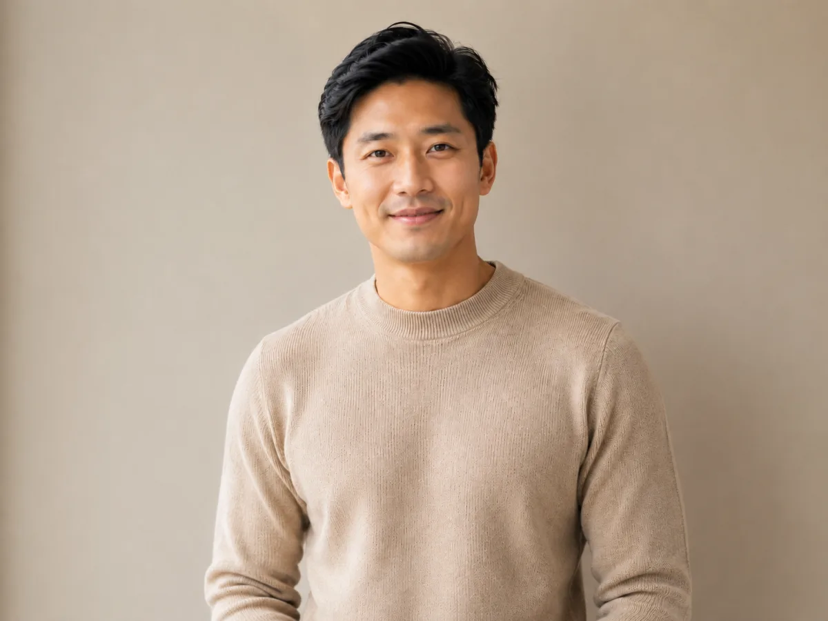 AI background changer demo — Asian man in a beige sweater photographed against a plain beige indoor wall before the background change