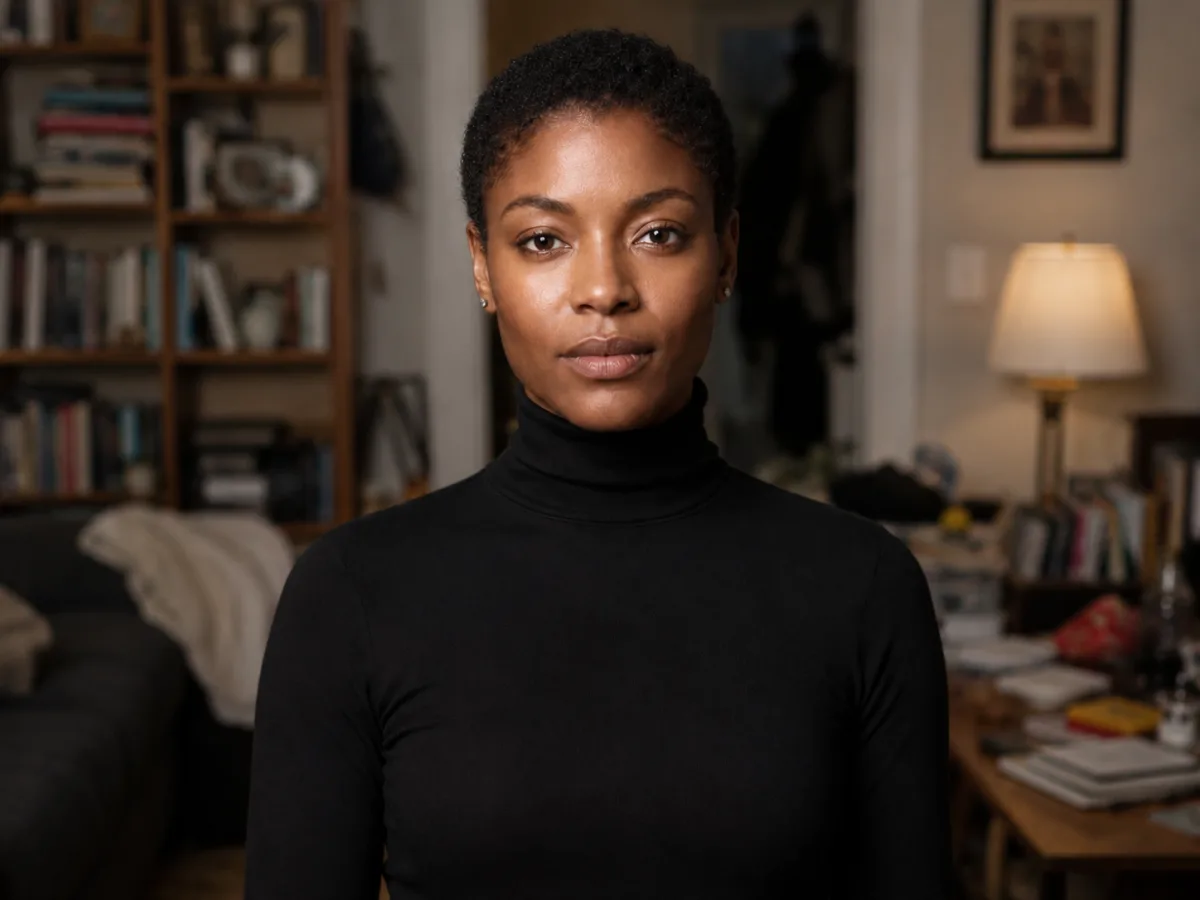 AI background changer before — woman in a black turtleneck in a cluttered living room