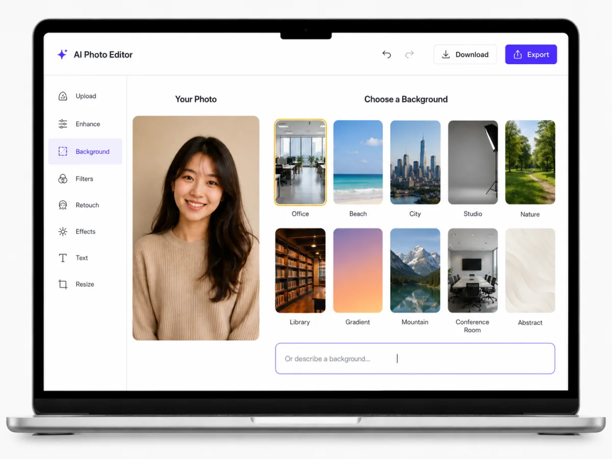 Step 2 — pick a preset scene or write a prompt to describe the new background in imya's AI background changer