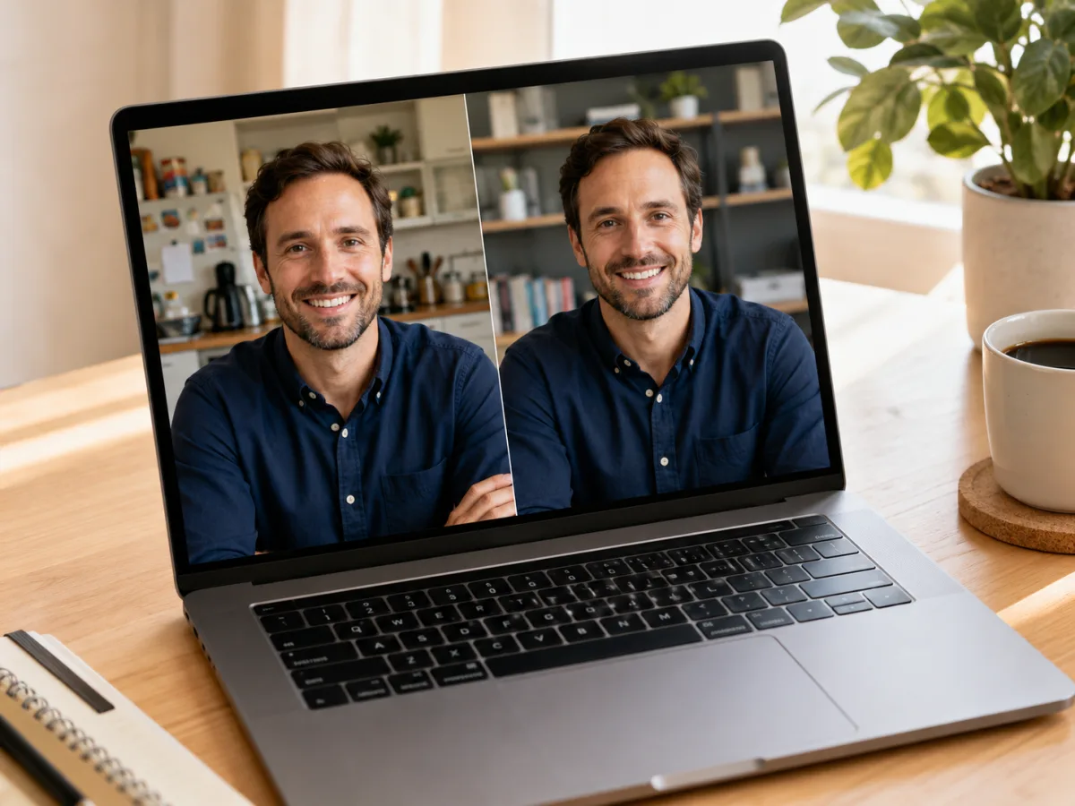 What is an AI background changer — a laptop showing the same man video-called from a cluttered kitchen and again with the background changed to a clean office
