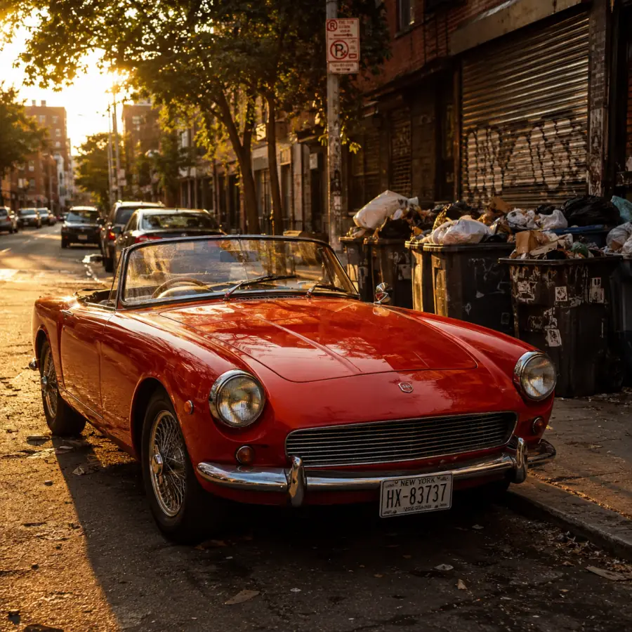 Tips for the AI background remover — a bright red car stands out sharply against the street, an easy high-contrast subject