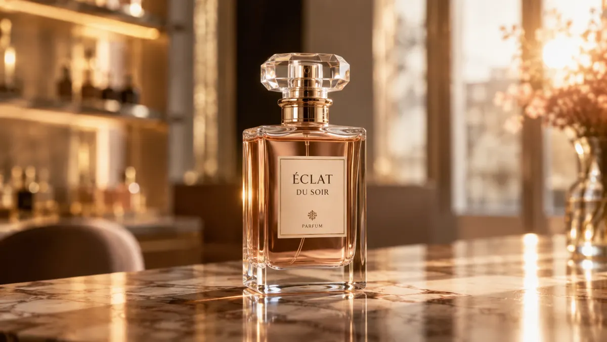 AI background remover use case — a luxury perfume bottle isolated onto a clean transparent PNG for an online store