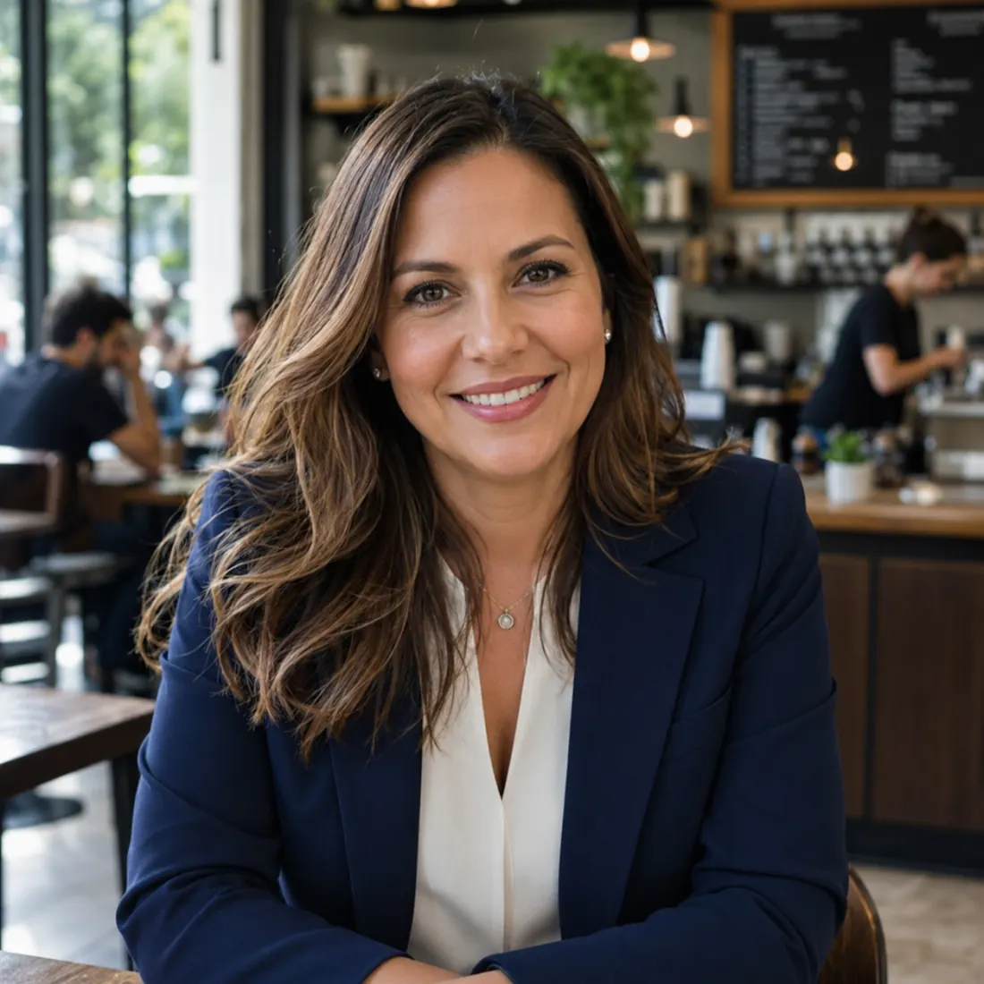 AI background remover use case — a professional headshot of a woman in a navy blazer lifted off a busy cafe background
