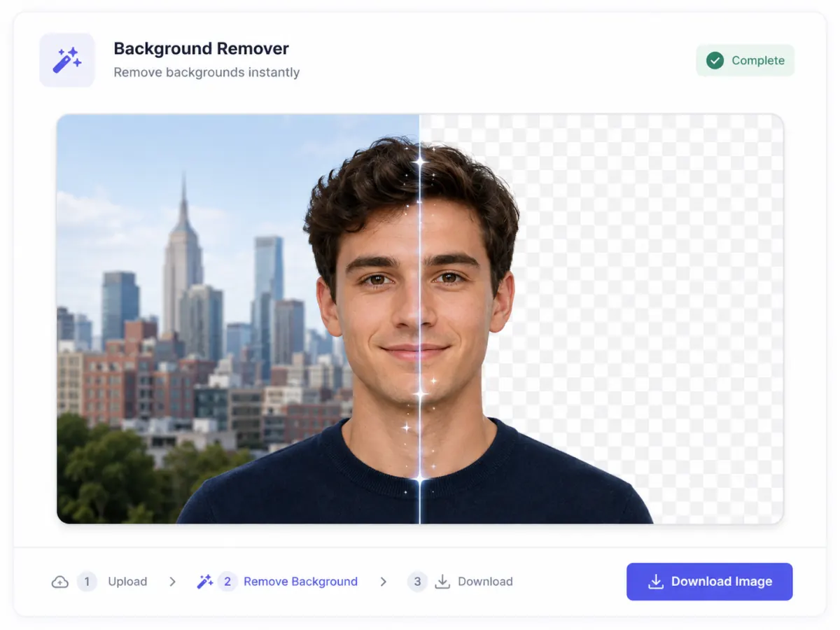 What is an AI background remover — a portrait shown half with its original city background and half cut out to a transparent PNG