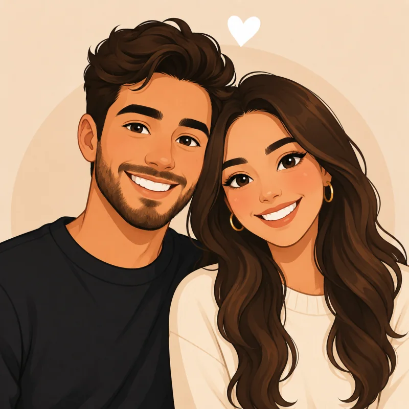 AI cartoon portrait of a couple drawn in a warm cartoon style