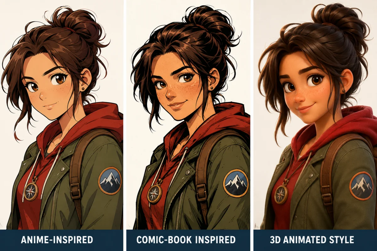 Anime, comic-book and 3D animated AI cartoon portrait styles compared side by side