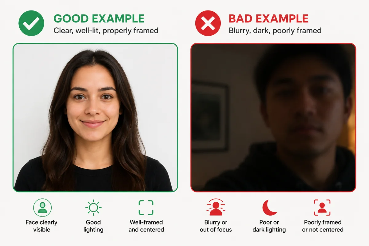 A clear, well-lit photo next to a dark, blurry photo — the best and worst input for an AI cartoon portrait