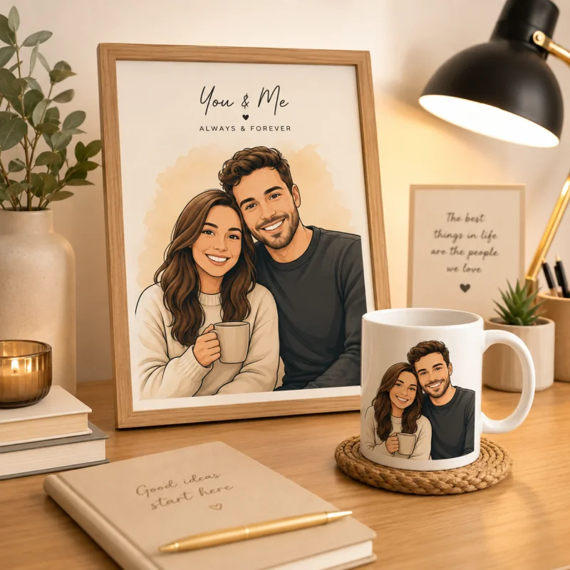 AI cartoon portrait printed as a framed poster and a mug as a personalized gift