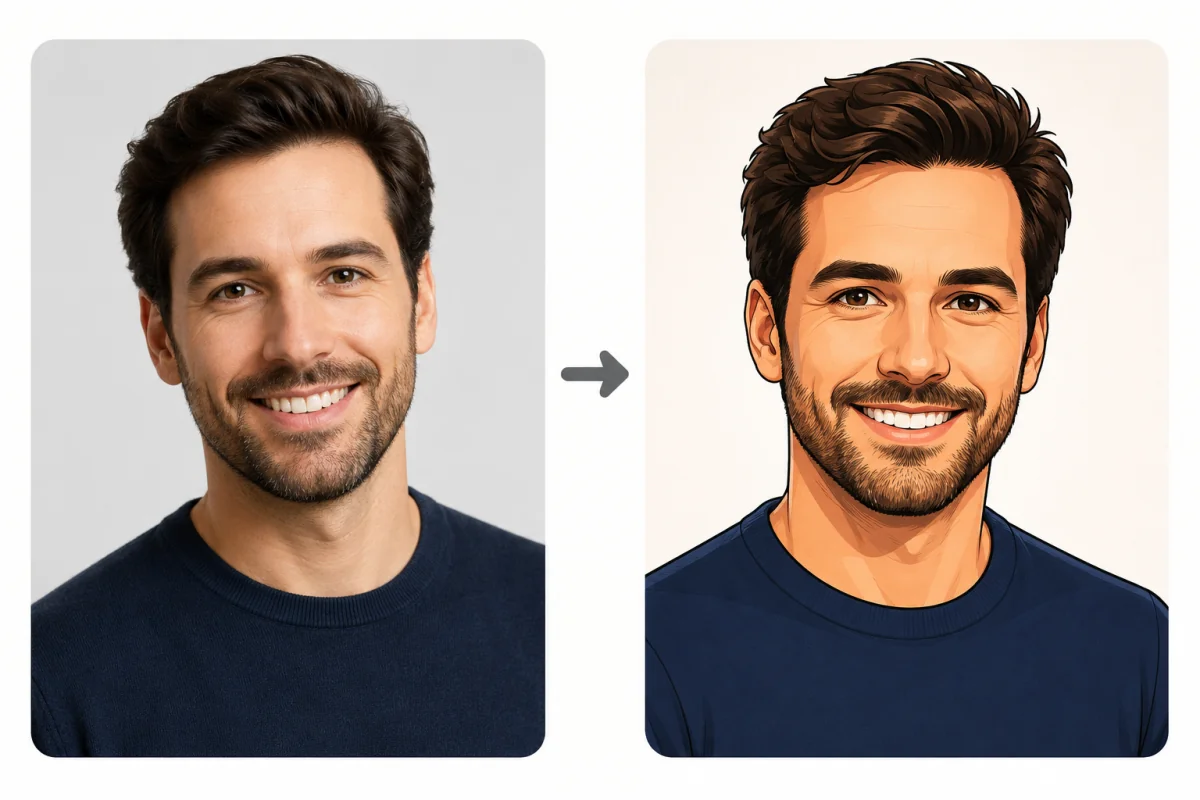 What is an AI cartoon portrait — a real photo shown beside its AI cartoon portrait illustration