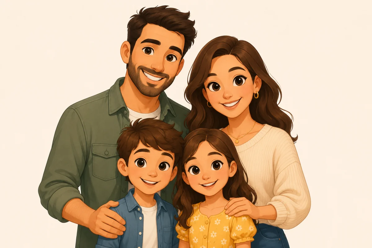 AI family portrait cartoon of two parents and two children drawn in one cartoon style
