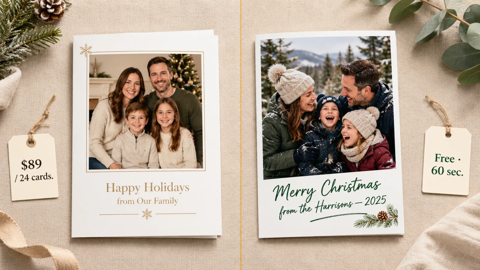 AI Christmas card generator vs Shutterfly side-by-side — generic template card next to a custom AI Christmas card