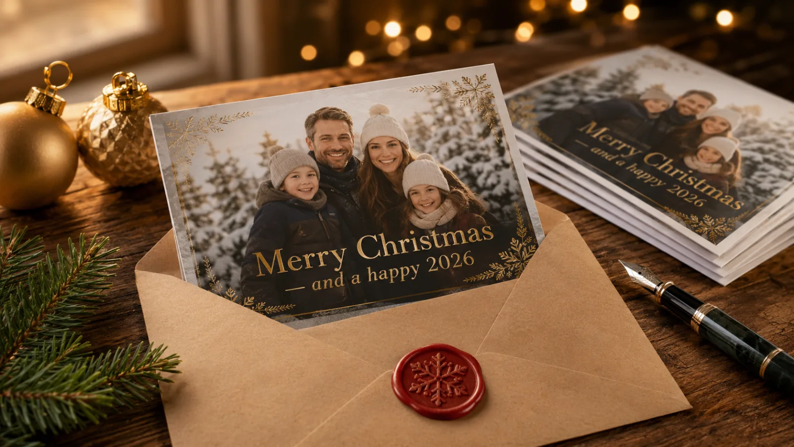 Print-ready AI Christmas card on a wooden desk beside a kraft envelope and pine sprigs