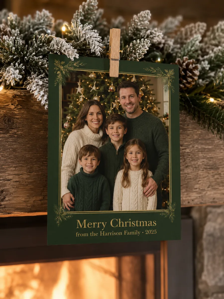 Classic AI Christmas card design with family of five in green and cream knitwear in front of a Christmas tree