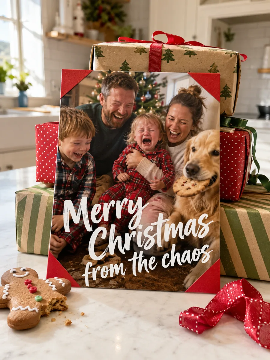 Funny AI Christmas card with a candid family photo and Merry Christmas from the chaos brush script