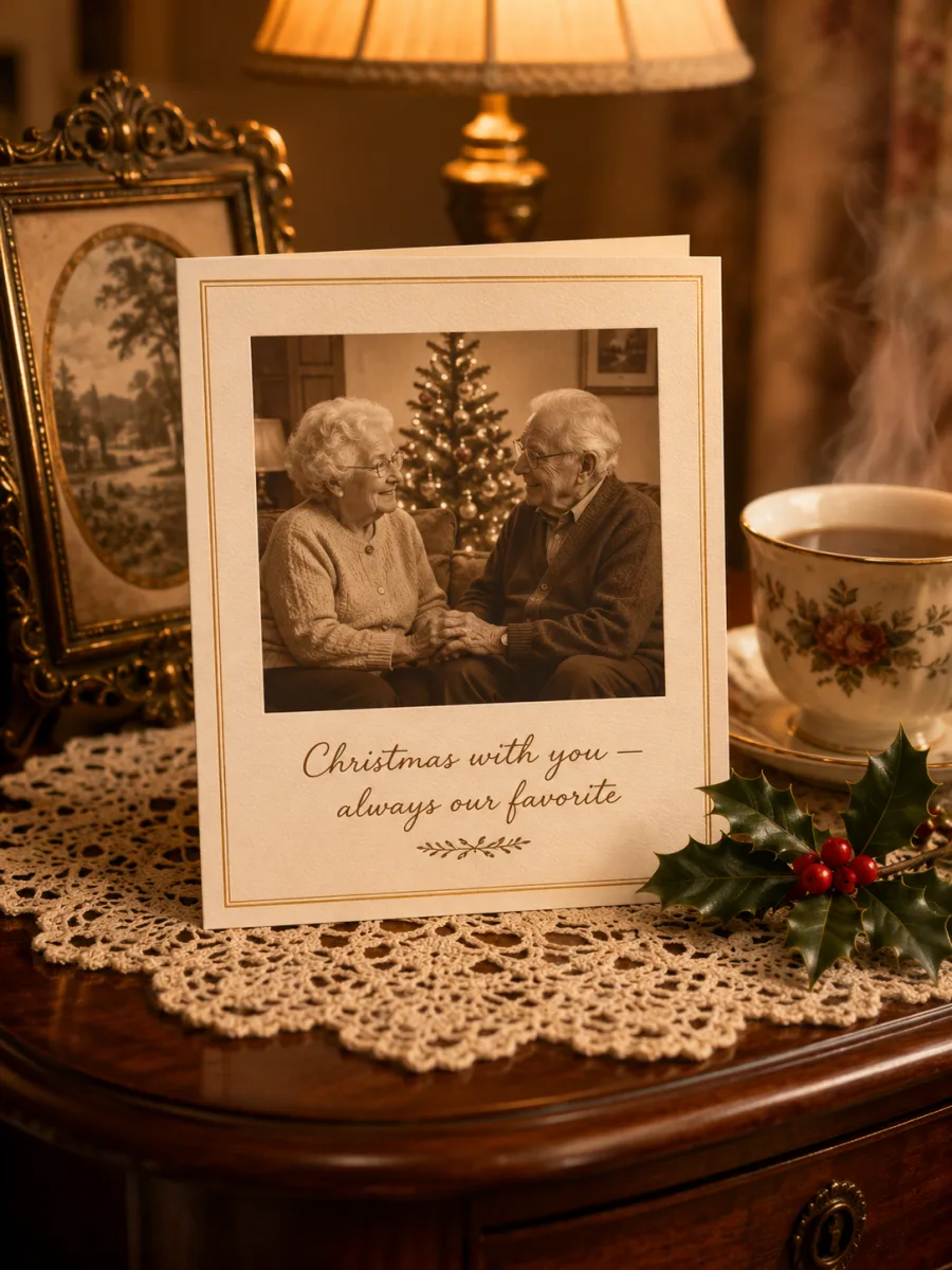 AI Christmas card for grandparents in warm sepia tones with handwritten greeting on a vintage doily