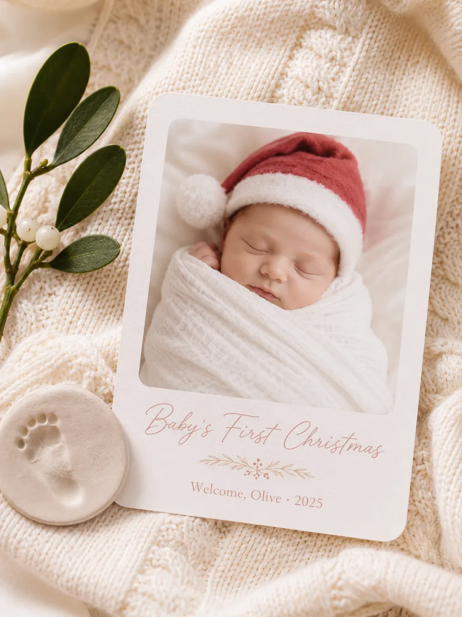 First Christmas AI card design with a sleeping newborn baby wearing a Santa hat and Baby's First Christmas message