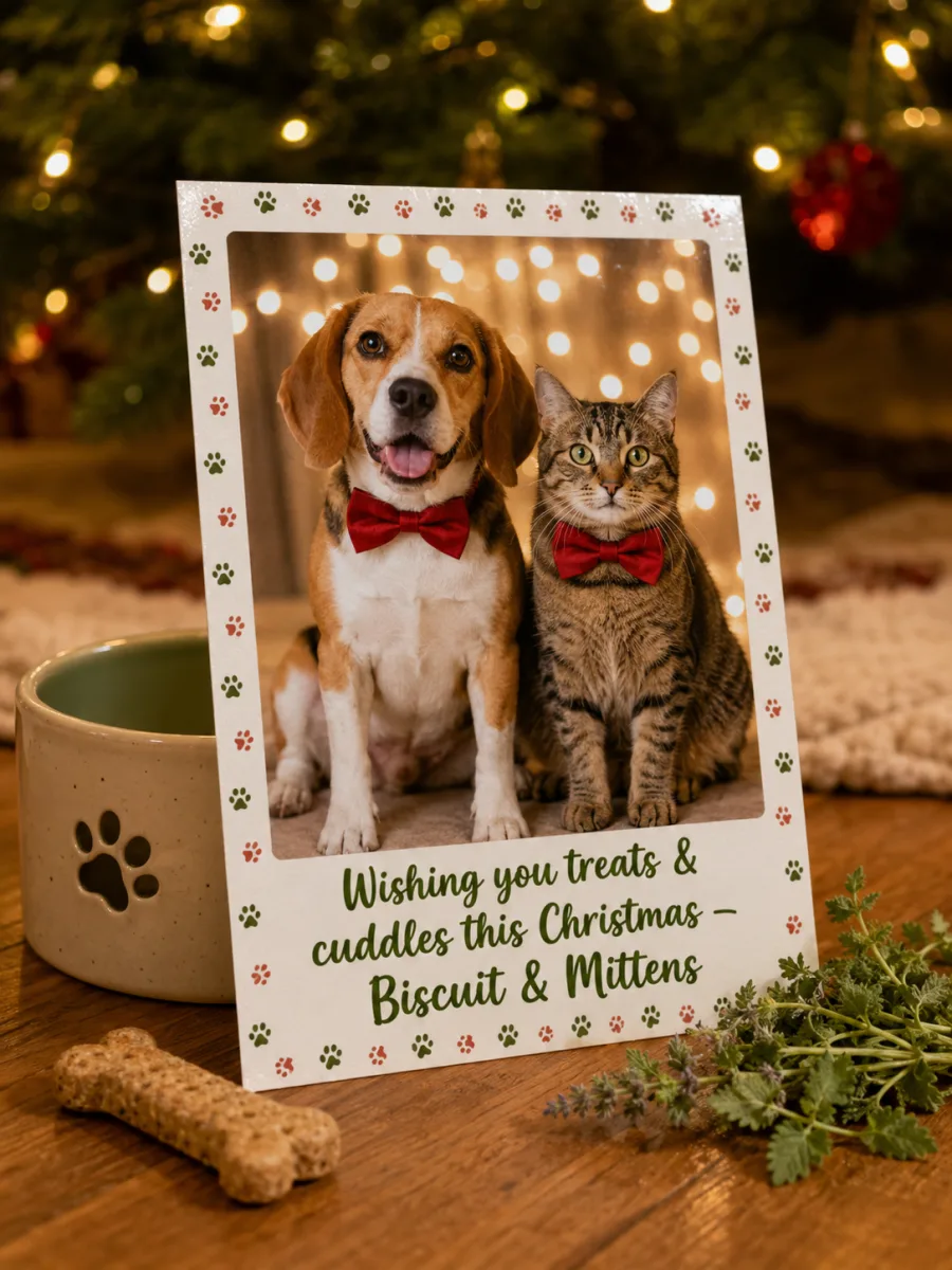 Pet AI Christmas card with a beagle and a tabby cat wearing red bowtie collars by Christmas string lights