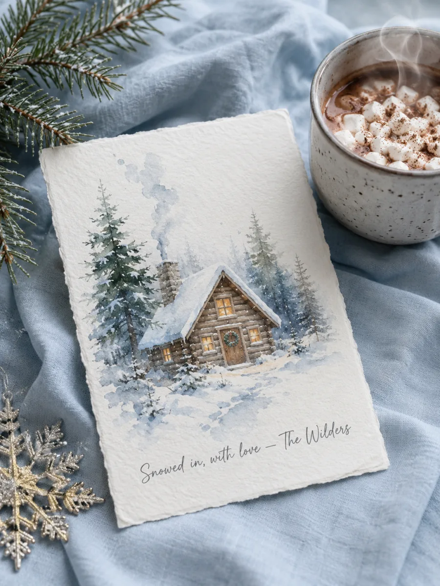 Watercolor AI Christmas card design with snowy log cabin scene and Snowed in with love hand-lettered greeting