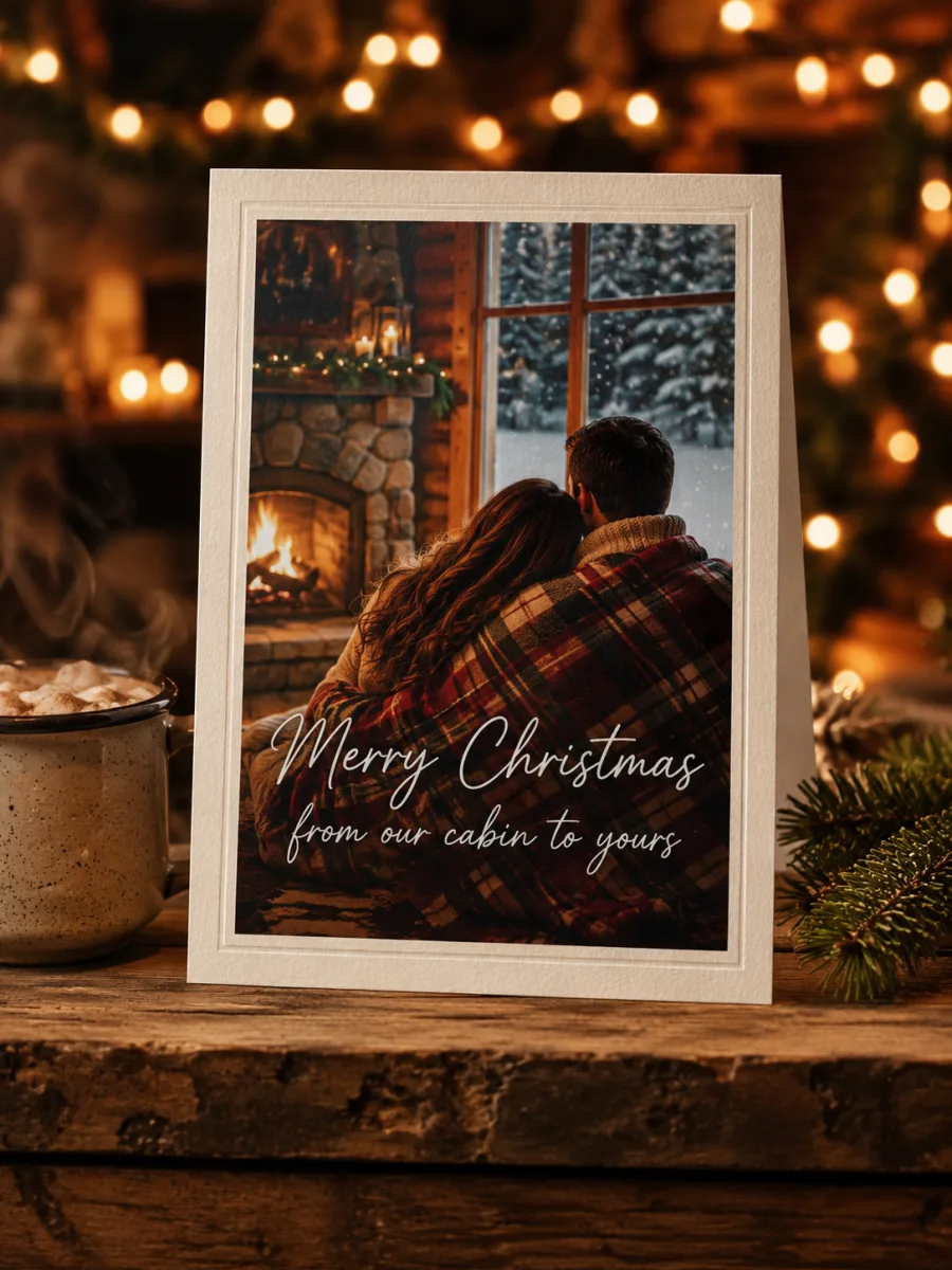 AI Christmas card with a couple in a tartan blanket inside a snowed-in cabin