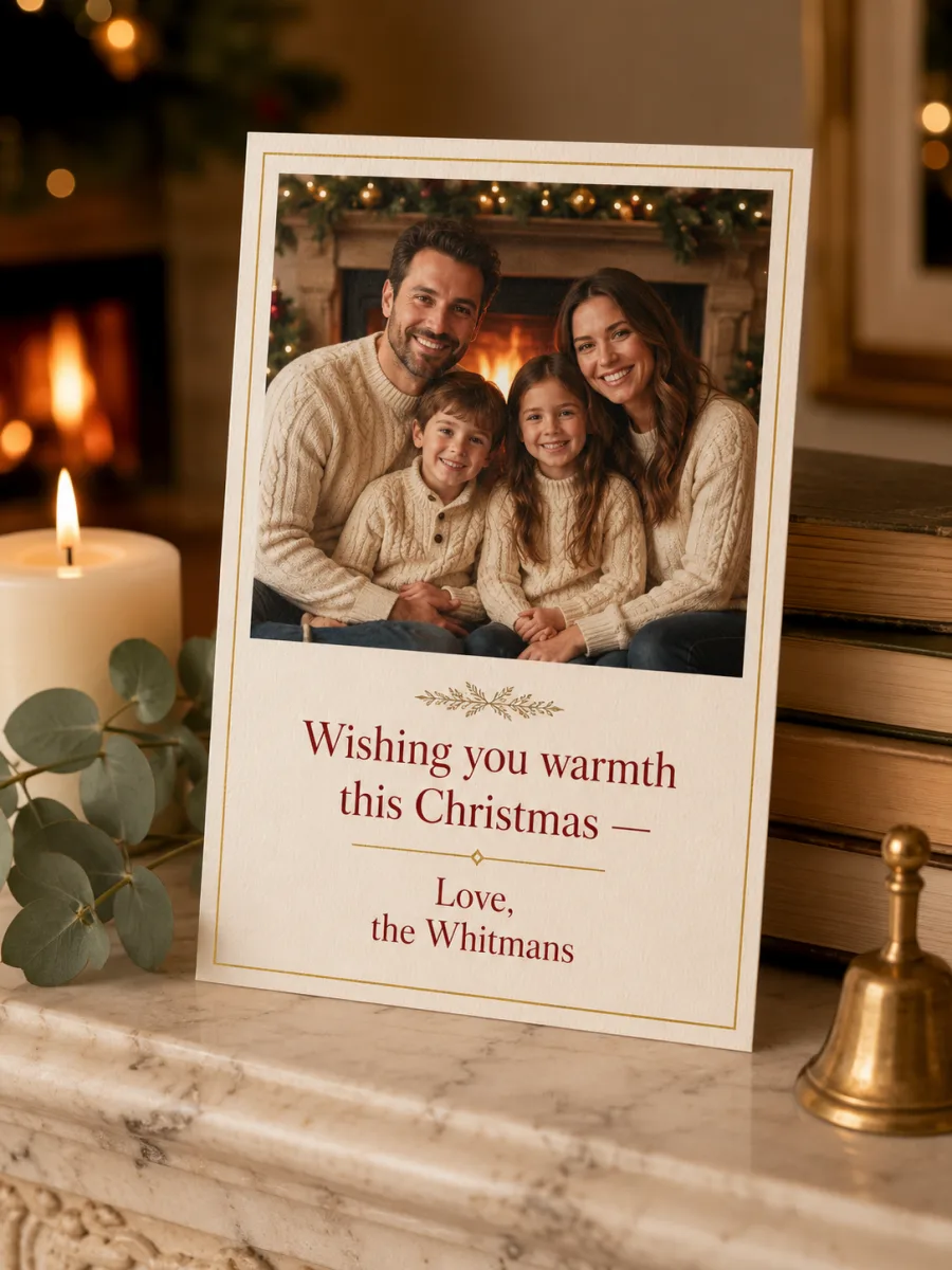 AI Christmas card with family of four in matching cream knit sweaters in front of a fireplace