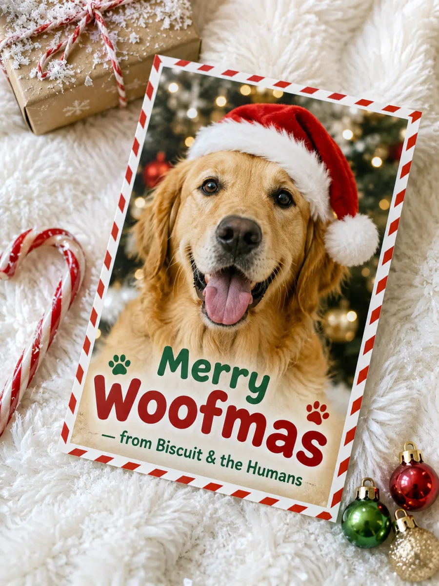 Funny AI Christmas card with a golden retriever in a Santa hat reading Merry Woofmas