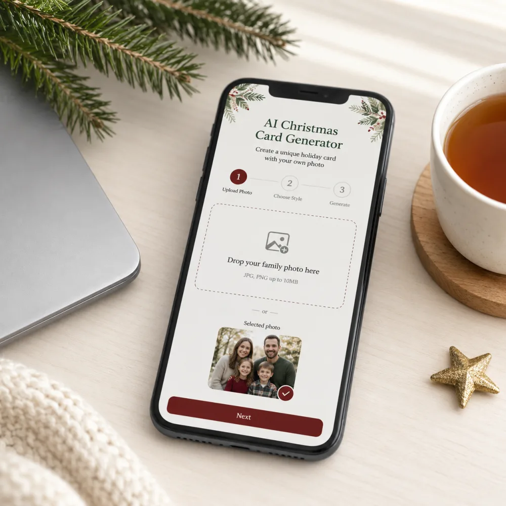 Step 1 — uploading a family photo to the AI Christmas card generator on a smartphone, pine sprig and tea on a cream desk