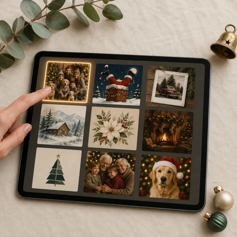Step 2 — picking an AI Christmas card style from a 3x3 grid of designs on a tablet
