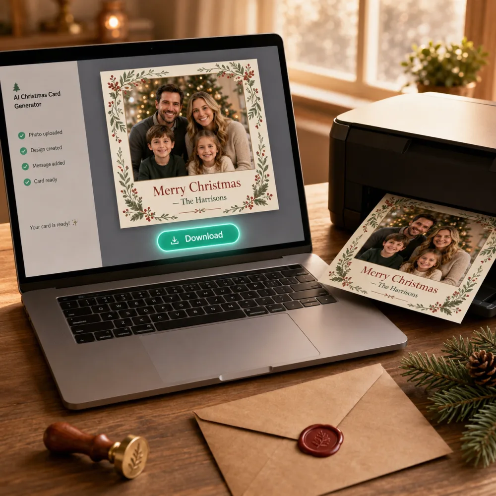 Step 3 — downloading the finished AI Christmas card from the generator on a laptop with a printed copy beside the printer