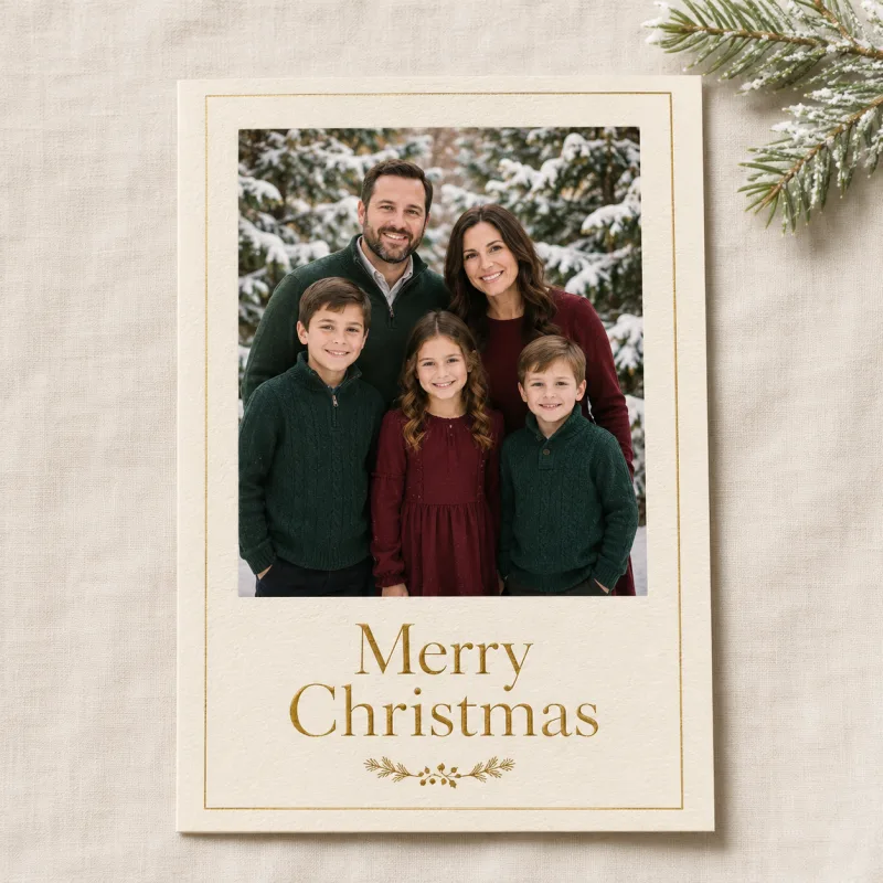 AI Christmas card style — Classic Family with green and burgundy outfits and gold Merry Christmas serif