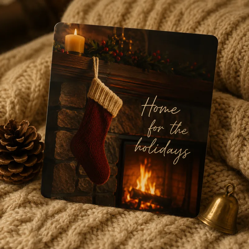 AI Christmas card style — Cozy Fireplace with stockings and Home for the holidays script