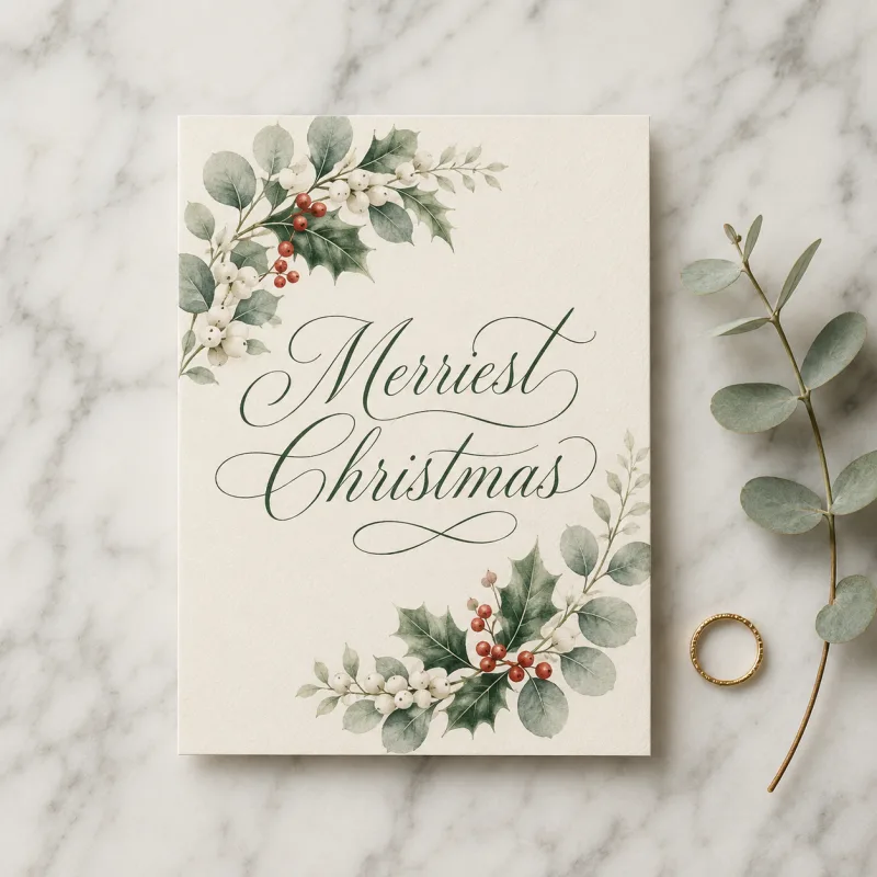 AI Christmas card style — Elegant Floral with holly and eucalyptus and Merriest Christmas calligraphy