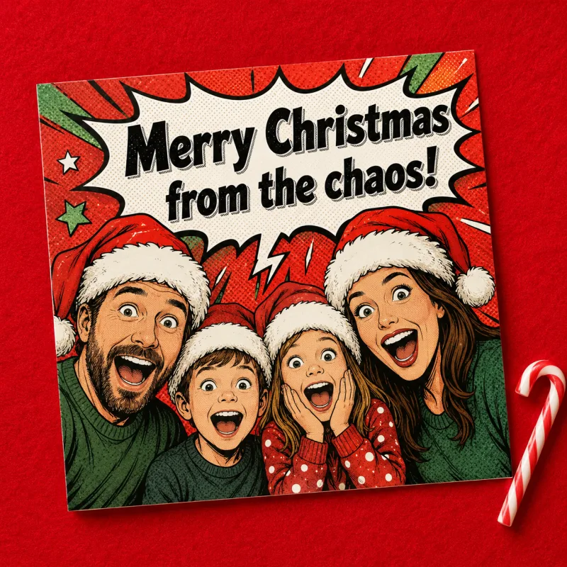 AI Christmas card style — Funny Comic with cartoon family Santa hats and Merry Christmas from the chaos speech bubble