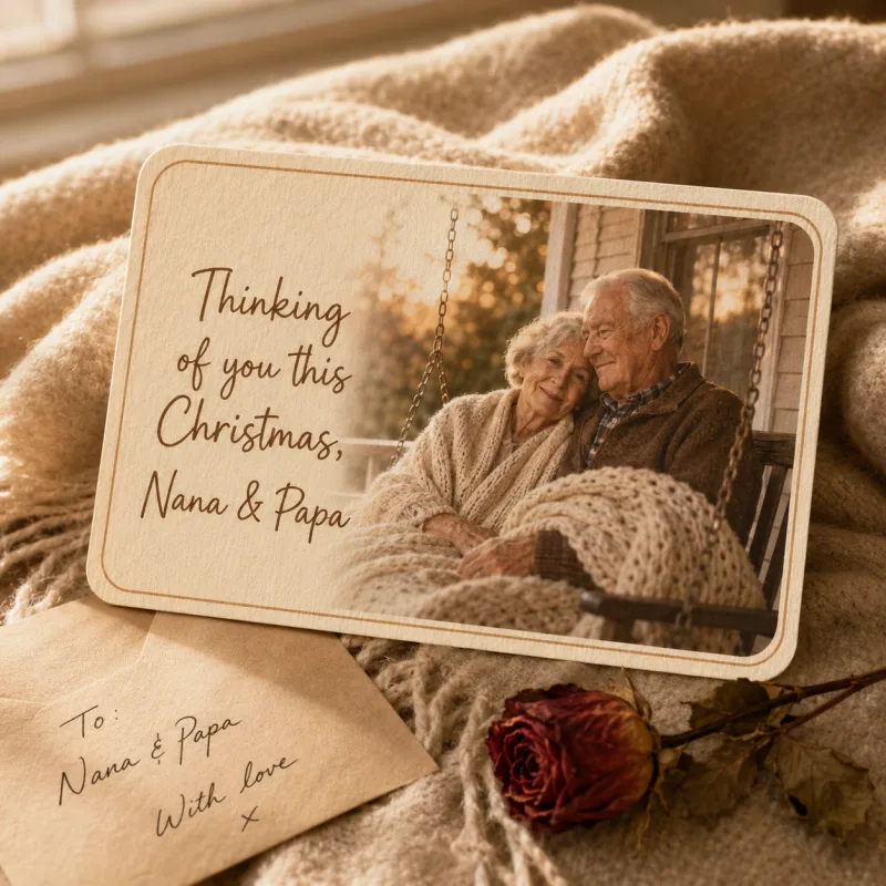 AI Christmas card style — Grandparents Warm with porch-swing photo and Thinking of you this Christmas