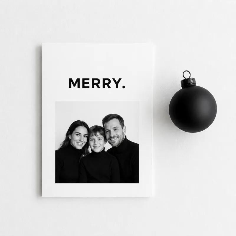 Modern minimal AI Christmas card for business holiday greetings with a bold MERRY type and a clean photo