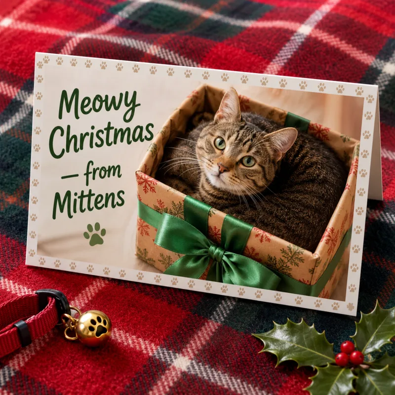 AI Christmas card style — Pet Christmas with tabby in a gift box and Meowy Christmas from Mittens