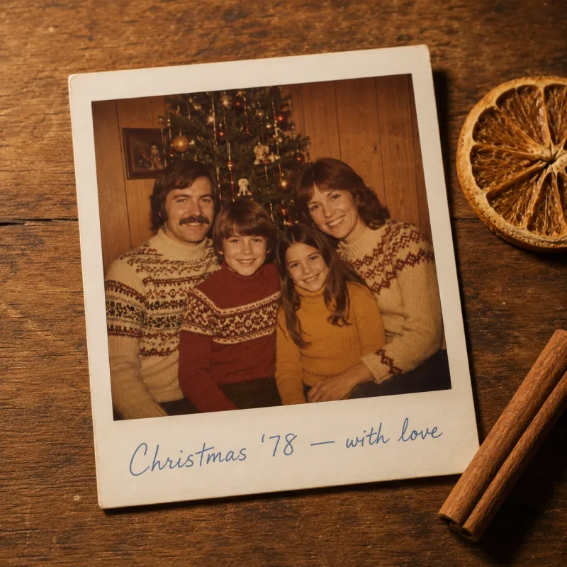 AI Christmas card style — Vintage Polaroid with 1970s family and handwritten Christmas 78 caption