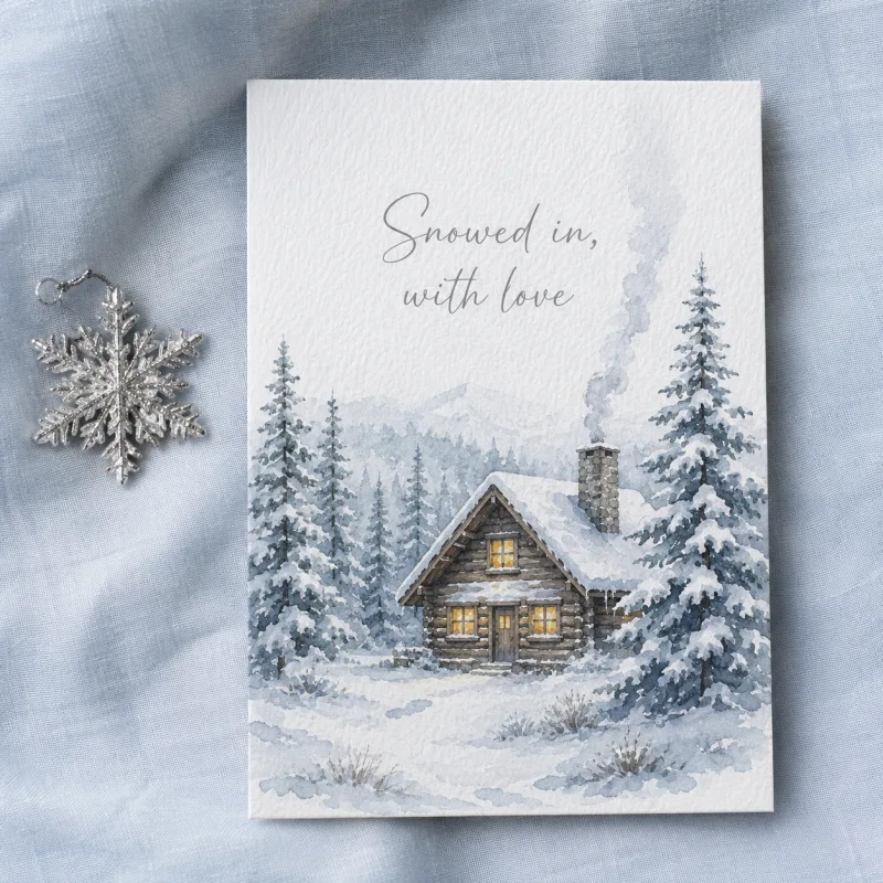 AI Christmas card style — Watercolor Snow with log cabin scene and Snowed in with love script