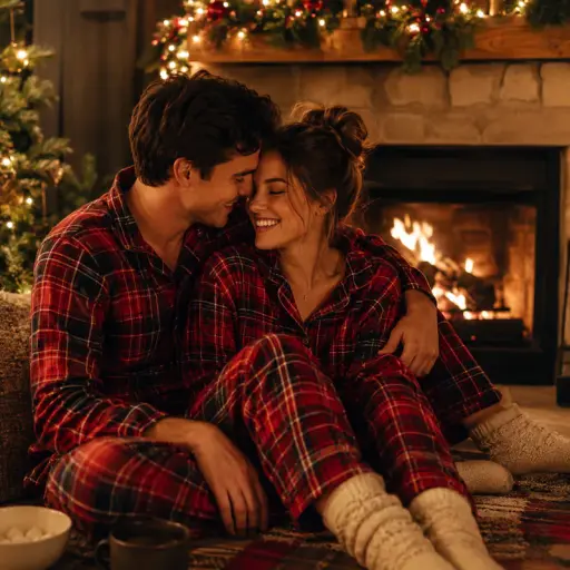 Christmas AI couple photo of a couple in matching red plaid pajamas by a fireplace with garland lights