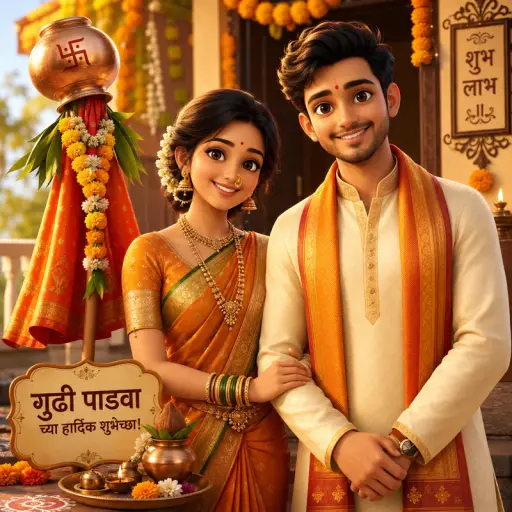 3D Gudi Padwa AI couple photo of a young Indian couple in festive Marathi attire with marigold garlands