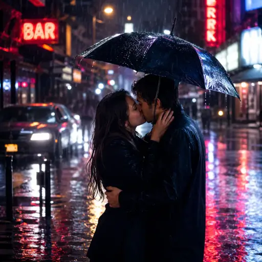 Cinematic rain-kiss AI couple photo under a black umbrella with red neon BAR sign in the background