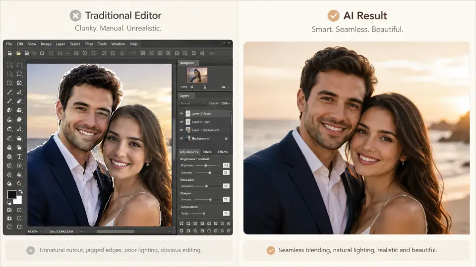 Side-by-side comparison — traditional photo editor with jagged cutouts versus seamless AI couple photo generator result