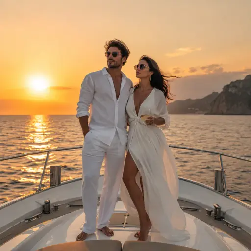 Gemini AI couple photo prompt result — couple in white linen on a luxury yacht at sunset