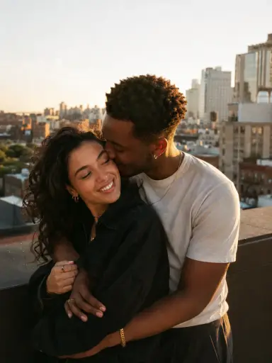 AI couple photo generator output of a young couple in golden-hour rooftop light